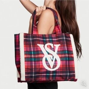 Victoria's Secret Plaid Fleece Lined Tote Bag - Red and White